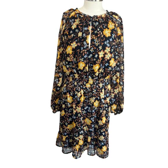 GAP Plus Floral Smocked Waist Long Sleeve Mini Dress Black Yellow Size 3X - Picture 2 of 10